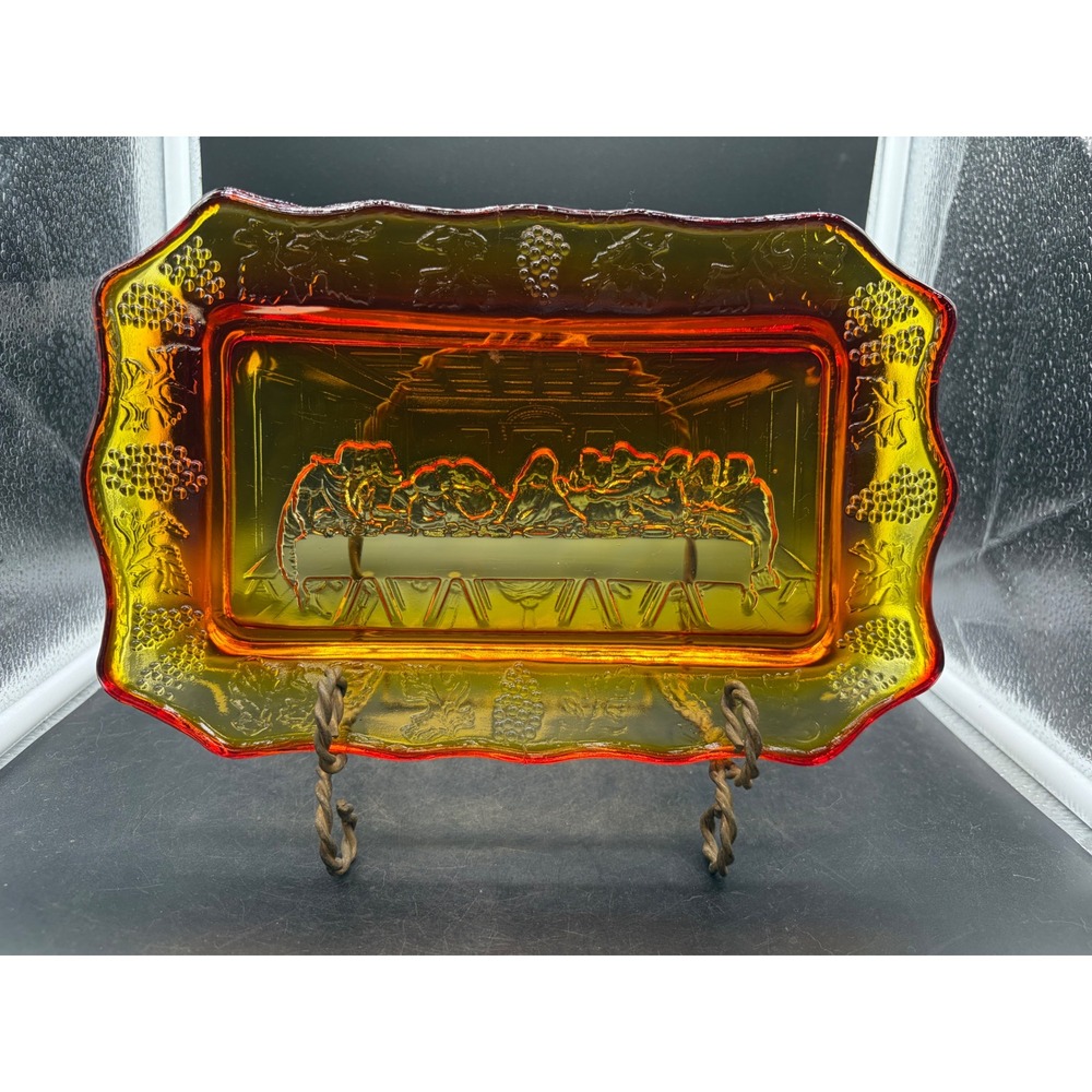 Vintage Amber Carnival Glass Last Supper Tray Grape Vine Scalloped Platter